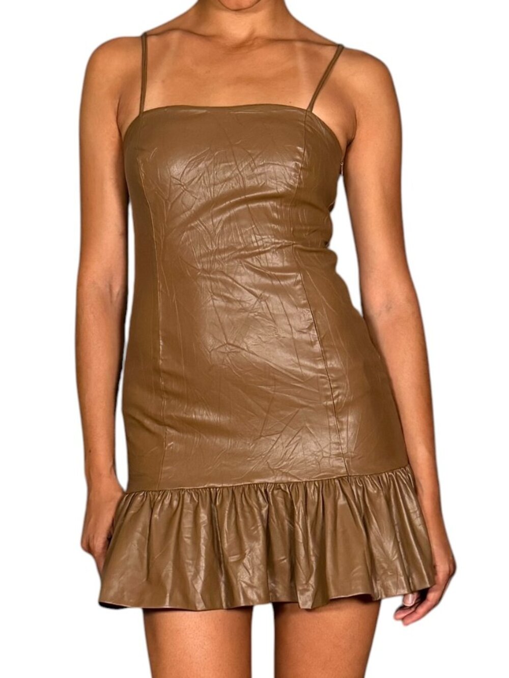 NWT Zara Faux Leather Chocolate Brown Mini Dress Drop Waist Flirty Ruffle Hem